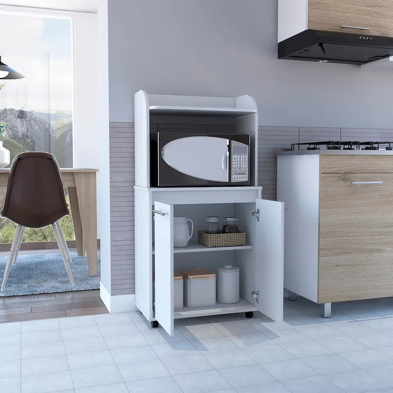 Chariot de cuisine, meuble bas double porte, une étagère ouverte, deux étagères intérieures, blanc