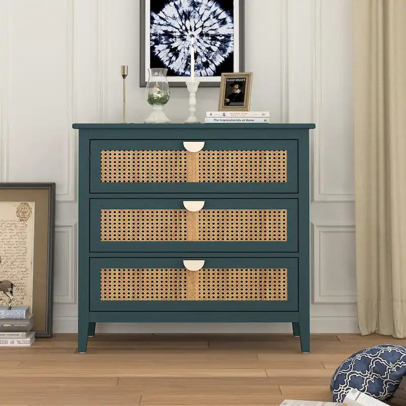 Meuble à 3 tiroirs, rotin naturel, idéal pour chambre, salon, bureau
