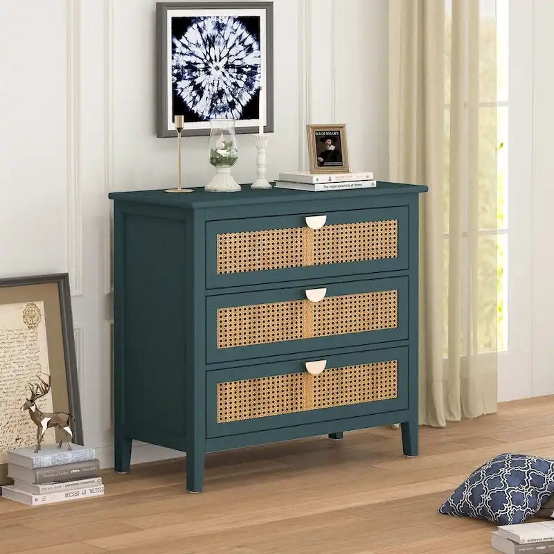 Meuble à 3 tiroirs, rotin naturel, idéal pour chambre, salon, bureau