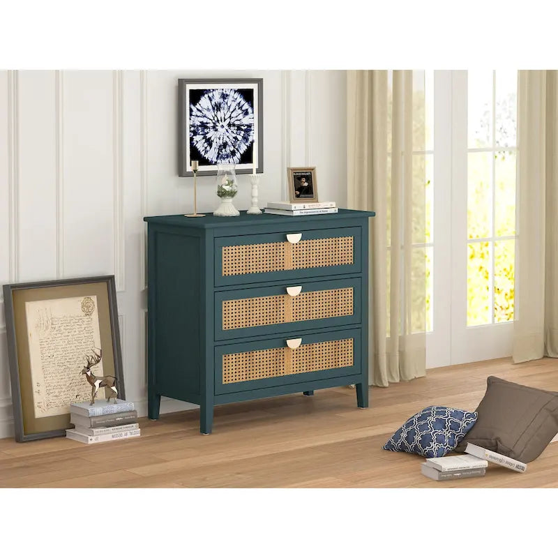 Meuble à 3 tiroirs, rotin naturel, idéal pour chambre, salon, bureau