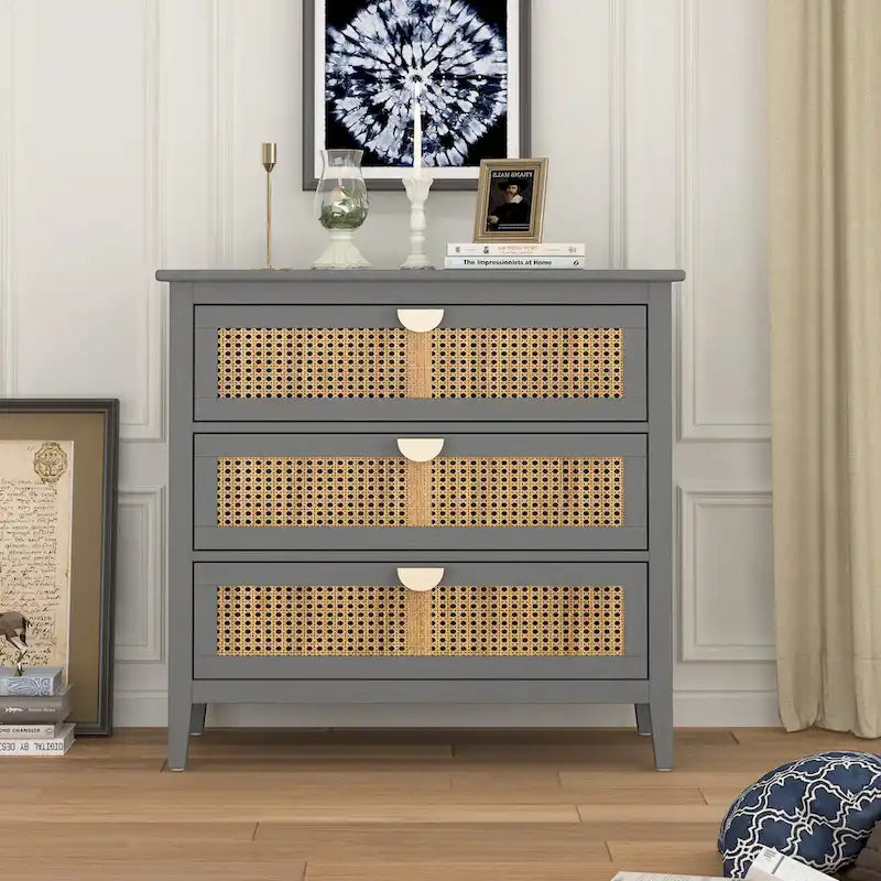 Meuble à 3 tiroirs, rotin naturel, idéal pour chambre, salon, bureau