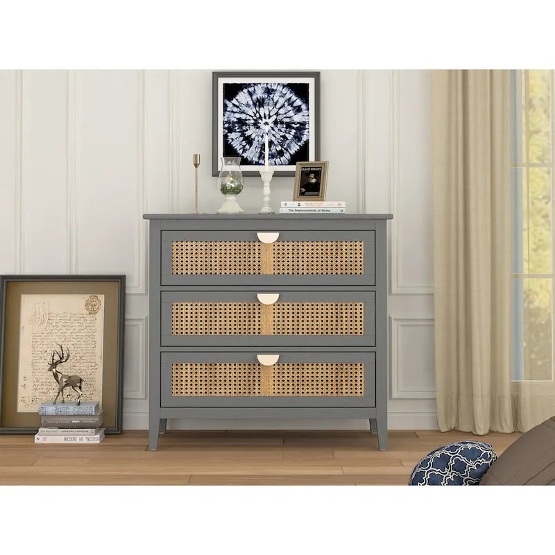Meuble à 3 tiroirs, rotin naturel, idéal pour chambre, salon, bureau