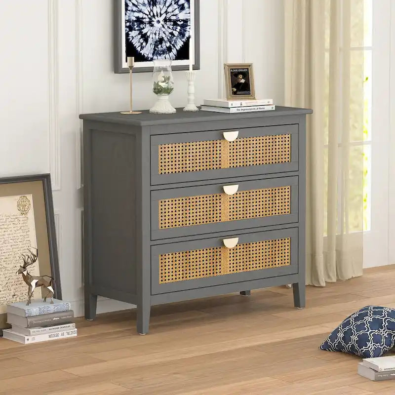 Meuble à 3 tiroirs, rotin naturel, idéal pour chambre, salon, bureau