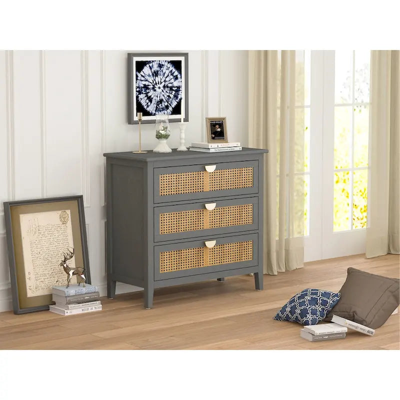 Meuble à 3 tiroirs, rotin naturel, idéal pour chambre, salon, bureau