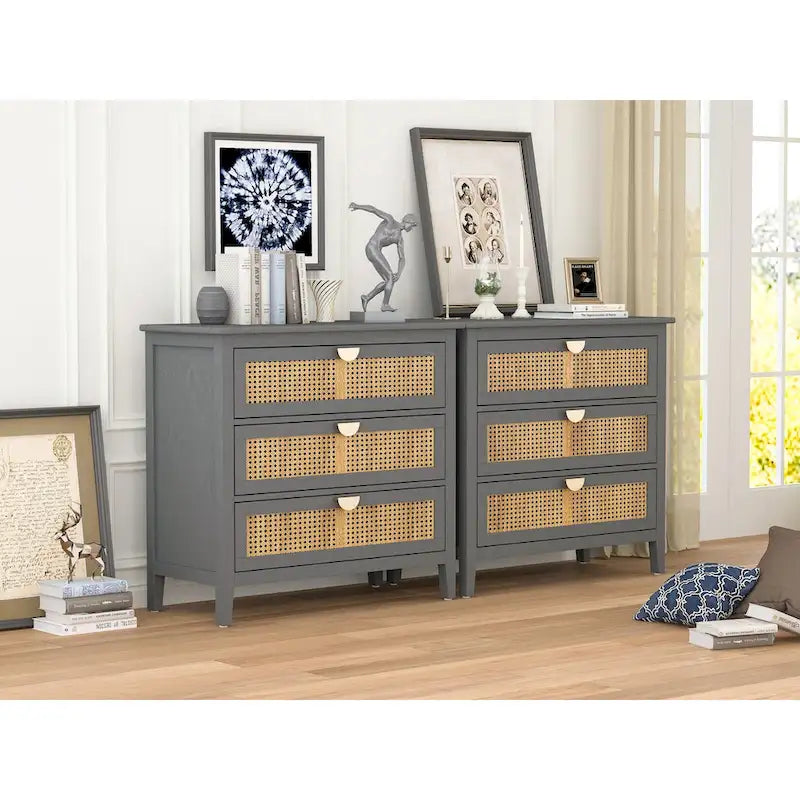 Meuble à 3 tiroirs, rotin naturel, idéal pour chambre, salon, bureau