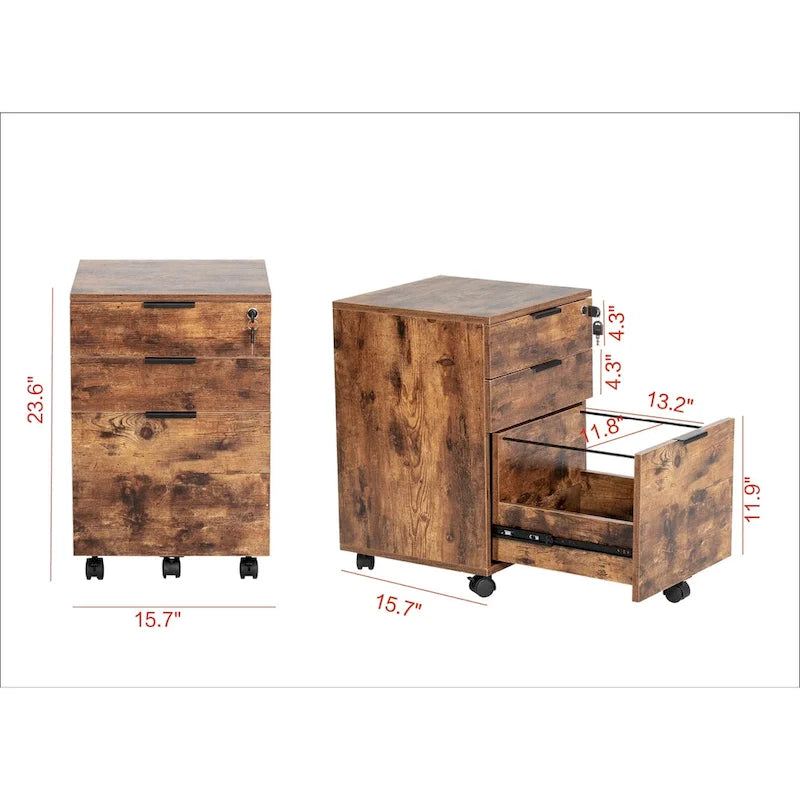 Meuble de rangement à roulettes en bois à 3 tiroirs avec serrure et roulettes