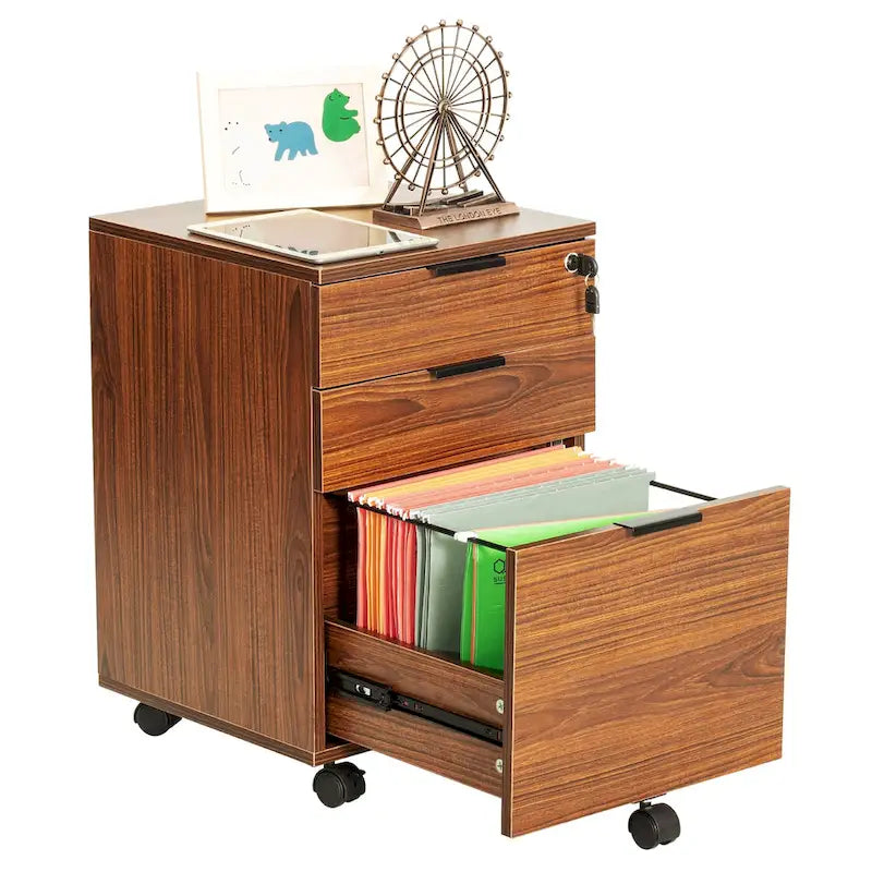 Meuble de rangement à roulettes en bois à 3 tiroirs avec serrure et roulettes
