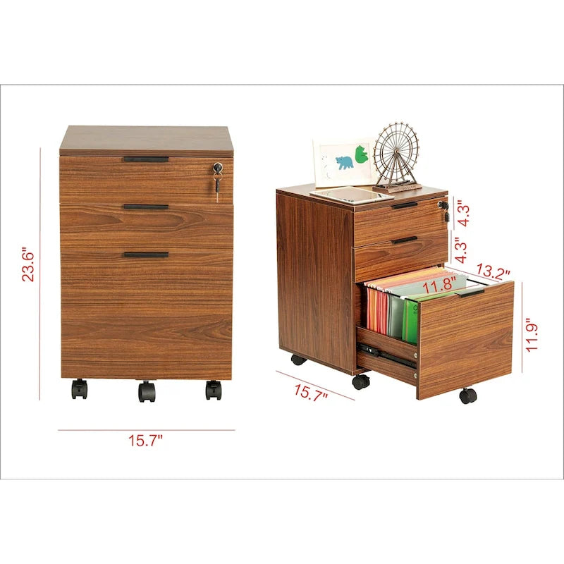 Meuble de rangement à roulettes en bois à 3 tiroirs avec serrure et roulettes