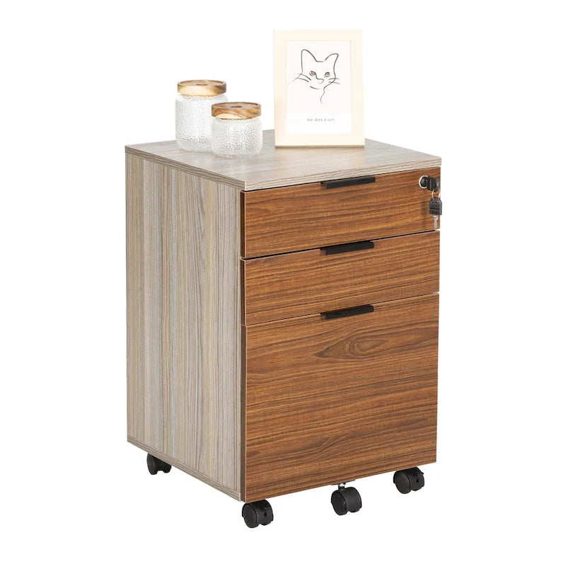 Meuble de rangement à roulettes en bois à 3 tiroirs avec serrure et roulettes