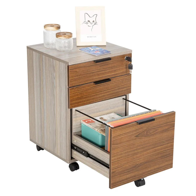 Meuble de rangement à roulettes en bois à 3 tiroirs avec serrure et roulettes