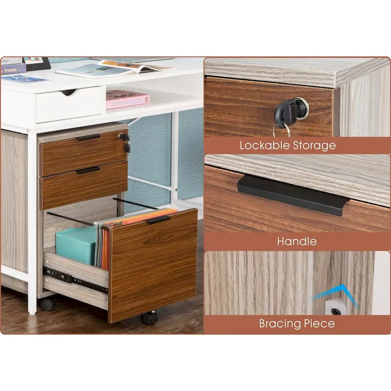Meuble de rangement à roulettes en bois à 3 tiroirs avec serrure et roulettes