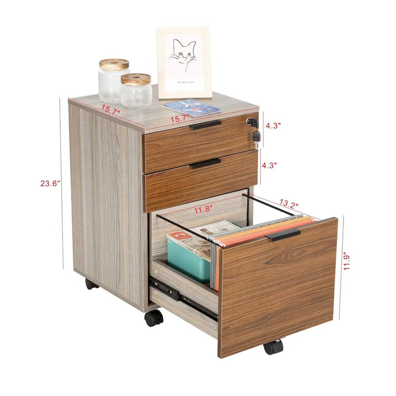 Meuble de rangement à roulettes en bois à 3 tiroirs avec serrure et roulettes
