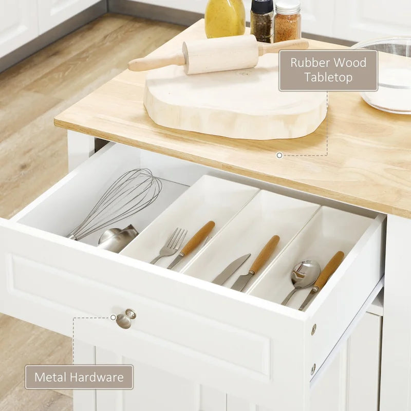 Îlot de cuisine roulant avec tiroir, 2 porte-serviettes et étagère réglable