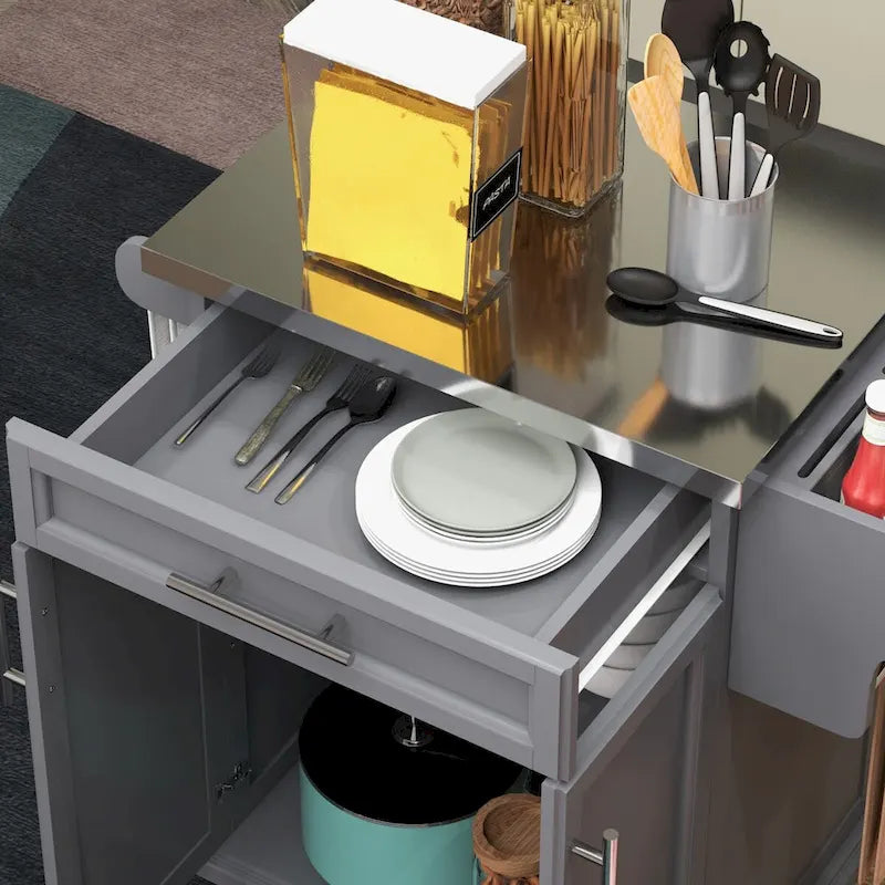 Îlot de cuisine roulant sur roulettes avec comptoir en acier inoxydable