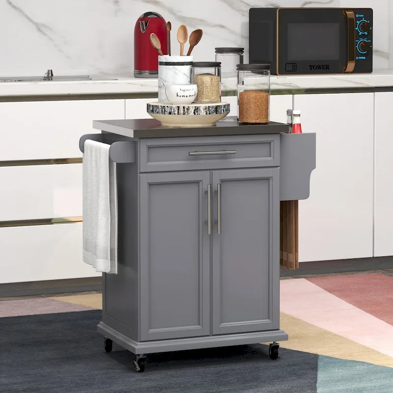Îlot de cuisine roulant sur roulettes avec comptoir en acier inoxydable