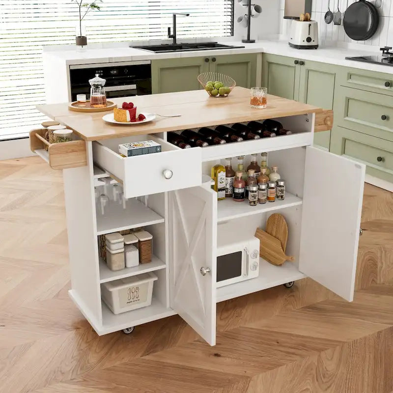Chariot d'îlot de cuisine de 112 cm avec plateau en bois massif, étagère à épices, support à verres à pied, table roulante sur roulettes, installation sans outil