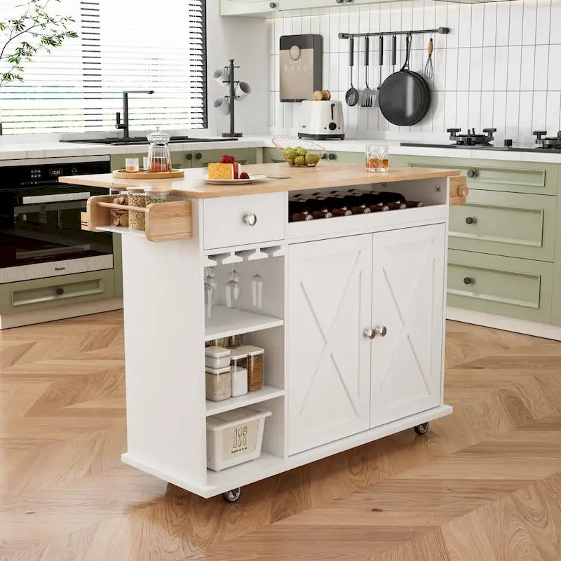 Chariot d'îlot de cuisine de 112 cm avec plateau en bois massif, étagère à épices, support à verres à pied, table roulante sur roulettes, installation sans outil