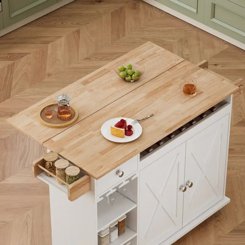 Chariot d'îlot de cuisine de 112 cm avec plateau en bois massif, étagère à épices, support à verres à pied, table roulante sur roulettes, installation sans outil