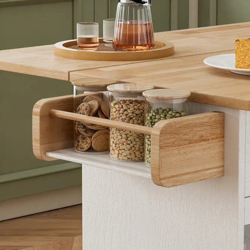 Chariot d'îlot de cuisine de 112 cm avec plateau en bois massif, étagère à épices, support à verres à pied, table roulante sur roulettes, installation sans outil