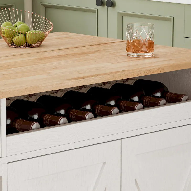 Chariot d'îlot de cuisine de 112 cm avec plateau en bois massif, étagère à épices, support à verres à pied, table roulante sur roulettes, installation sans outil