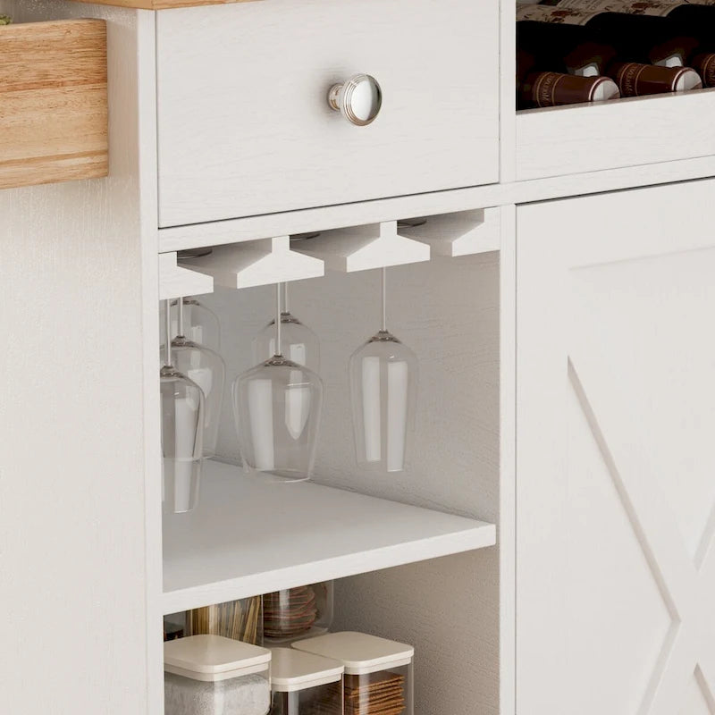 Chariot d'îlot de cuisine de 112 cm avec plateau en bois massif, étagère à épices, support à verres à pied, table roulante sur roulettes, installation sans outil