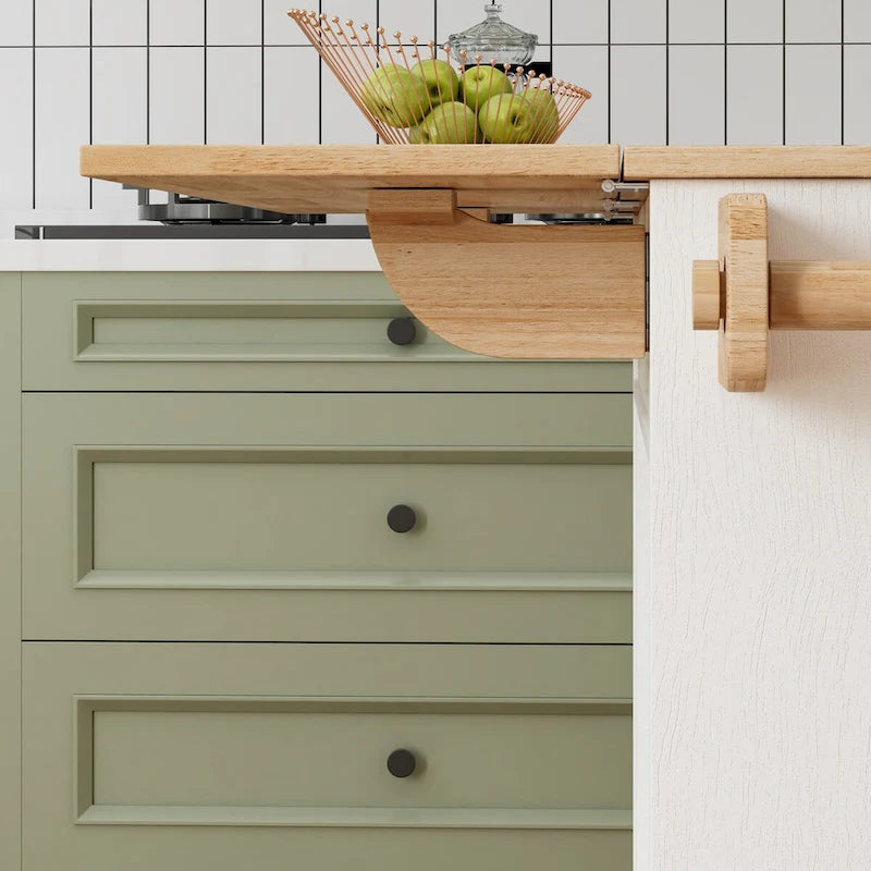Chariot d'îlot de cuisine de 112 cm avec plateau en bois massif, étagère à épices, support à verres à pied, table roulante sur roulettes, installation sans outil