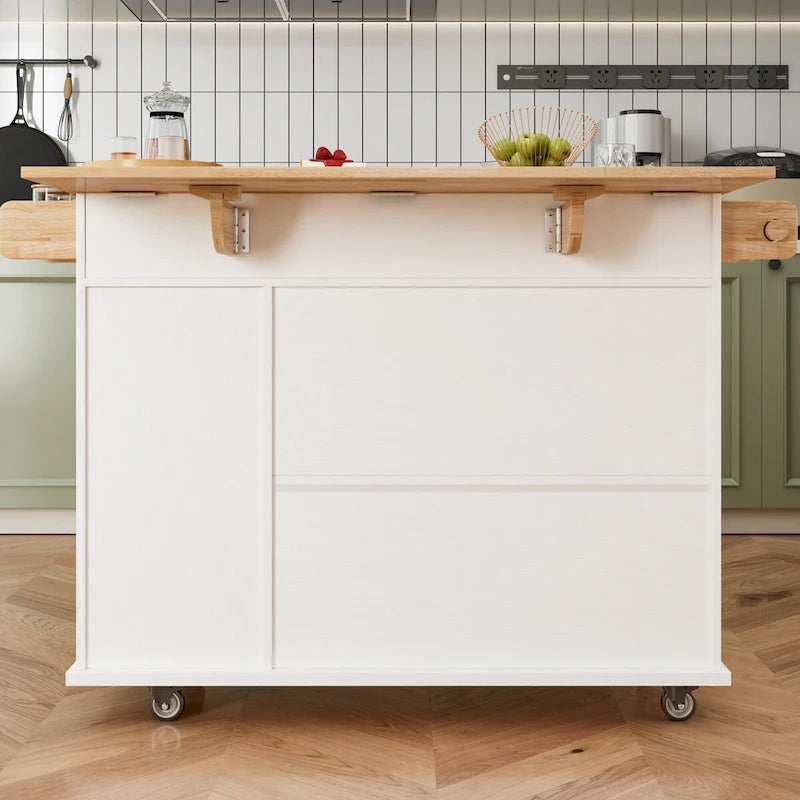 Chariot d'îlot de cuisine de 112 cm avec plateau en bois massif, étagère à épices, support à verres à pied, table roulante sur roulettes, installation sans outil