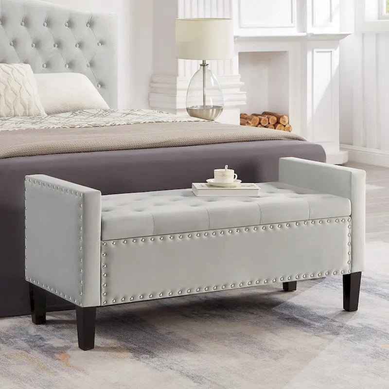 Banc de rangement capitonné avec boutons et clous décoratifs, siège rembourré doux avec accoudoirs pour entrée ou salon, bout de lit - Gris