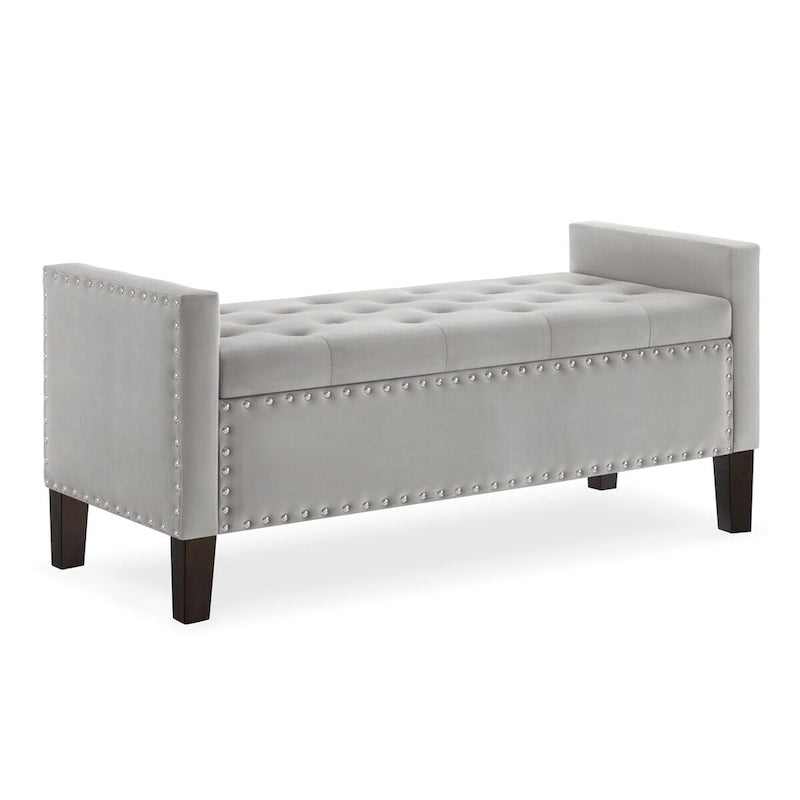 Banc de rangement capitonné avec boutons et clous décoratifs, siège rembourré doux avec accoudoirs pour entrée ou salon, bout de lit - Gris