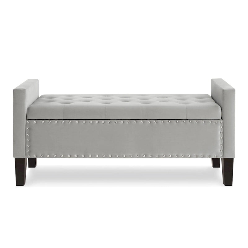 Banc de rangement capitonné avec boutons et clous décoratifs, siège rembourré doux avec accoudoirs pour entrée ou salon, bout de lit - Gris