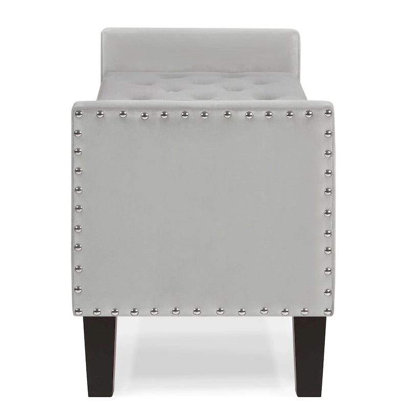 Banc de rangement capitonné avec boutons et clous décoratifs, siège rembourré doux avec accoudoirs pour entrée ou salon, bout de lit - Gris