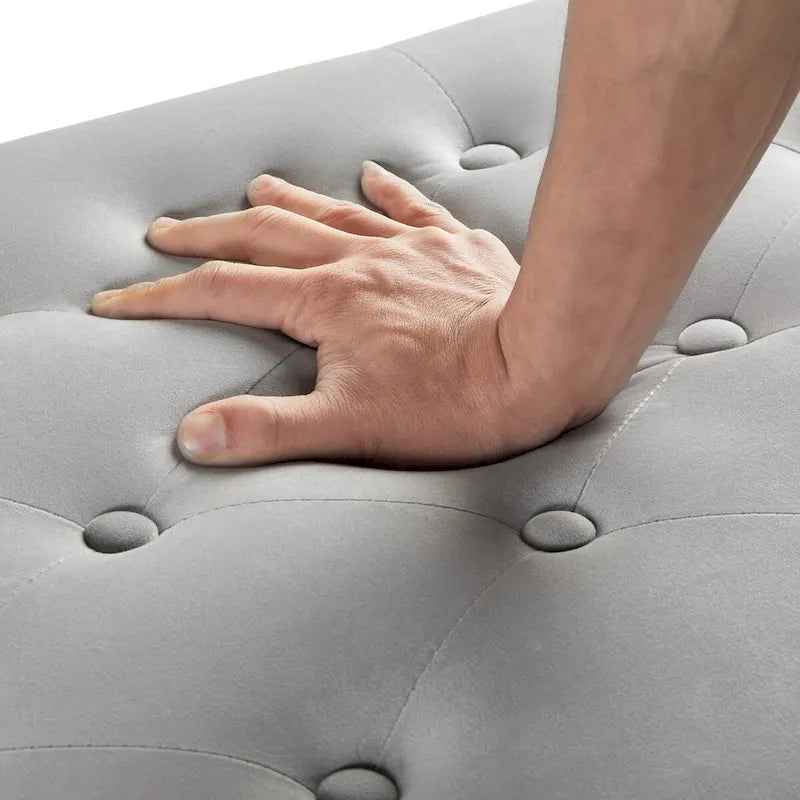 Banc de rangement capitonné avec boutons et clous décoratifs, siège rembourré doux avec accoudoirs pour entrée ou salon, bout de lit - Gris