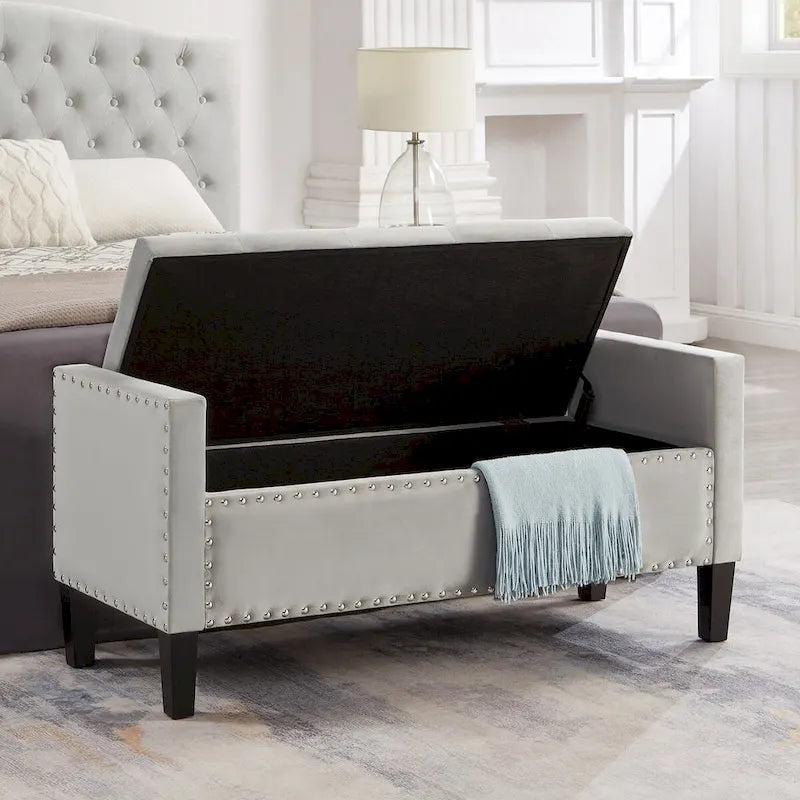 Banc de rangement capitonné avec boutons et clous décoratifs, siège rembourré doux avec accoudoirs pour entrée ou salon, bout de lit - Gris