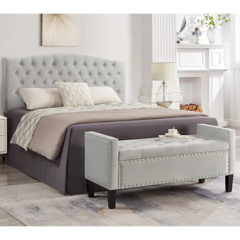 Banc de rangement capitonné avec boutons et clous décoratifs, siège rembourré doux avec accoudoirs pour entrée ou salon, bout de lit - Gris