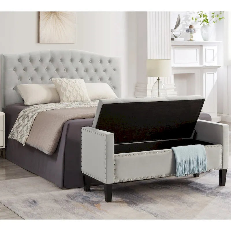 Banc de rangement capitonné avec boutons et clous décoratifs, siège rembourré doux avec accoudoirs pour entrée ou salon, bout de lit - Gris