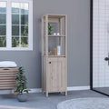 Meuble de rangement en lin à porte unique, deux étagères intérieures, deux étagères ouvertes, chêne clair/blanc