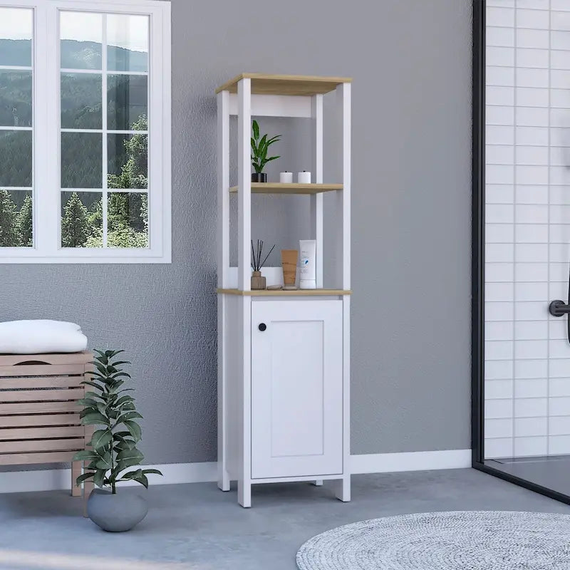 Meuble de rangement en lin à porte unique, deux étagères intérieures, deux étagères ouvertes, chêne clair/blanc