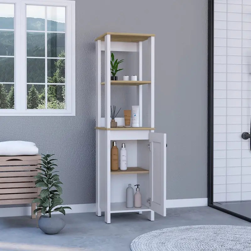 Meuble de rangement en lin à porte unique, deux étagères intérieures, deux étagères ouvertes, chêne clair/blanc