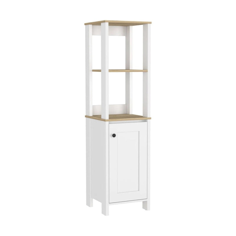 Meuble de rangement en lin à porte unique, deux étagères intérieures, deux étagères ouvertes, chêne clair/blanc