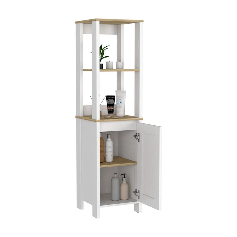 Meuble de rangement en lin à porte unique, deux étagères intérieures, deux étagères ouvertes, chêne clair/blanc