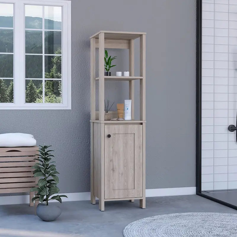 Meuble de rangement en lin à porte unique, deux étagères intérieures, deux étagères ouvertes, chêne clair/blanc