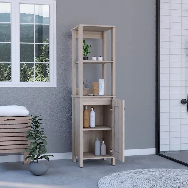 Meuble de rangement en lin à porte unique, deux étagères intérieures, deux étagères ouvertes, chêne clair/blanc