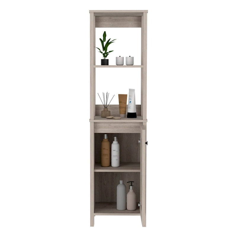 Meuble de rangement en lin à porte unique, deux étagères intérieures, deux étagères ouvertes, chêne clair/blanc