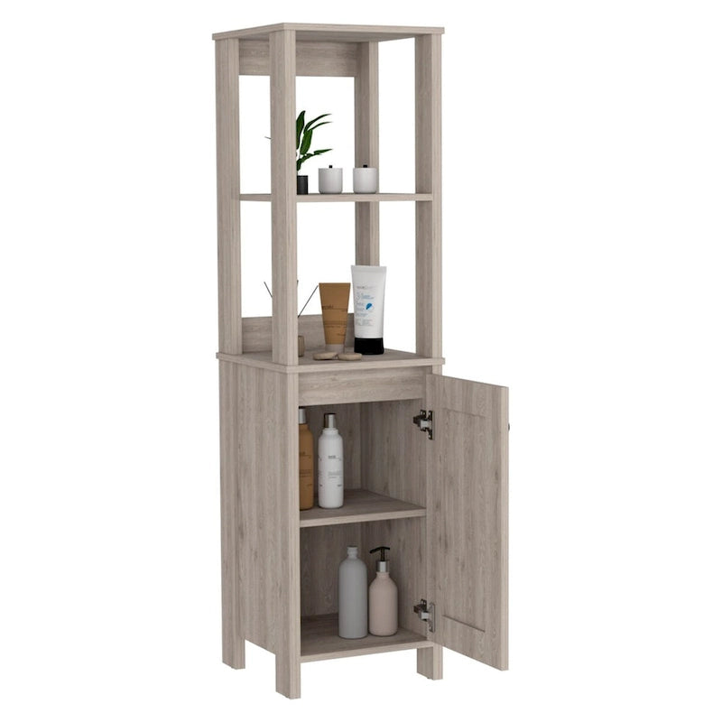 Meuble de rangement en lin à porte unique, deux étagères intérieures, deux étagères ouvertes, chêne clair/blanc
