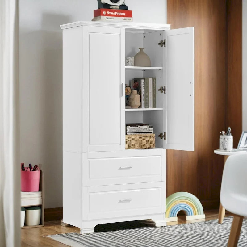Meuble de rangement haut de salle de bain 63 pouces, avec deux portes et tiroirs, étagère réglable, panneau MDF, blanc