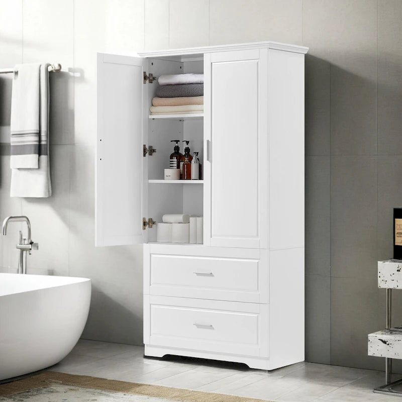 Meuble de rangement haut de salle de bain 63 pouces, avec deux portes et tiroirs, étagère réglable, panneau MDF, blanc