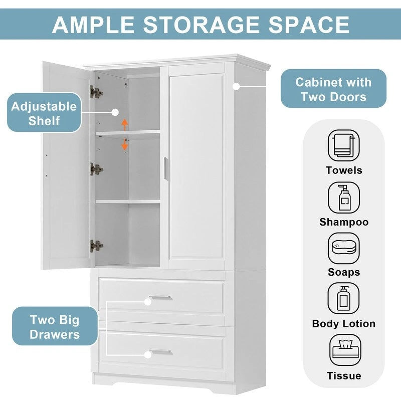 Meuble de rangement haut de salle de bain 63 pouces, avec deux portes et tiroirs, étagère réglable, panneau MDF, blanc