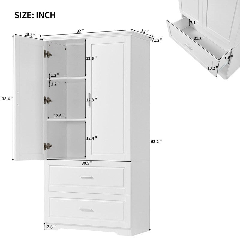 Meuble de rangement haut de salle de bain 63 pouces, avec deux portes et tiroirs, étagère réglable, panneau MDF, blanc