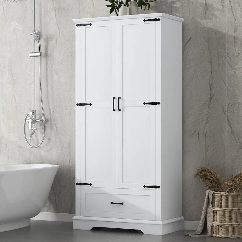 Meuble de salle de bain haut, meuble avec deux portes et un tiroir, étagère réglable, panneau MDF, blanc