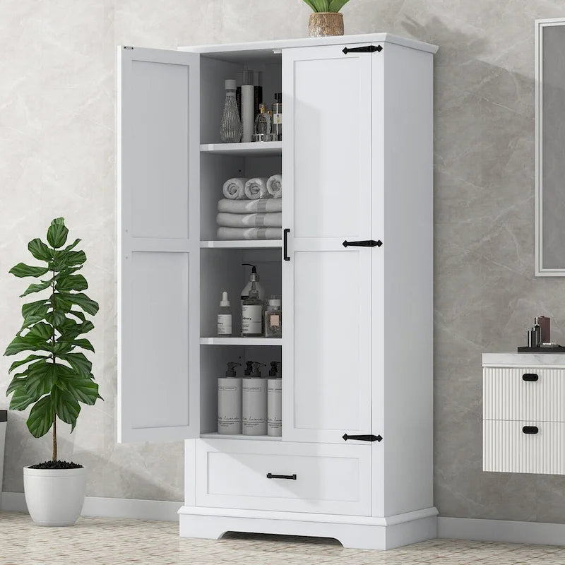 Meuble de salle de bain haut, meuble avec deux portes et un tiroir, étagère réglable, panneau MDF, blanc